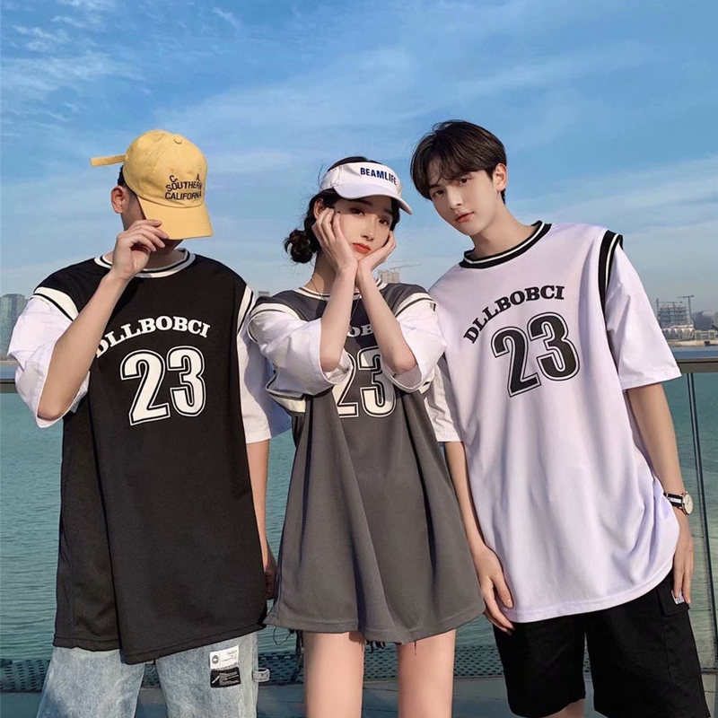 Fake two short-sleeved 2022 summer sports basketball clothes T-shirt men's and women's tide brand college style class clothes five-point sleeve top