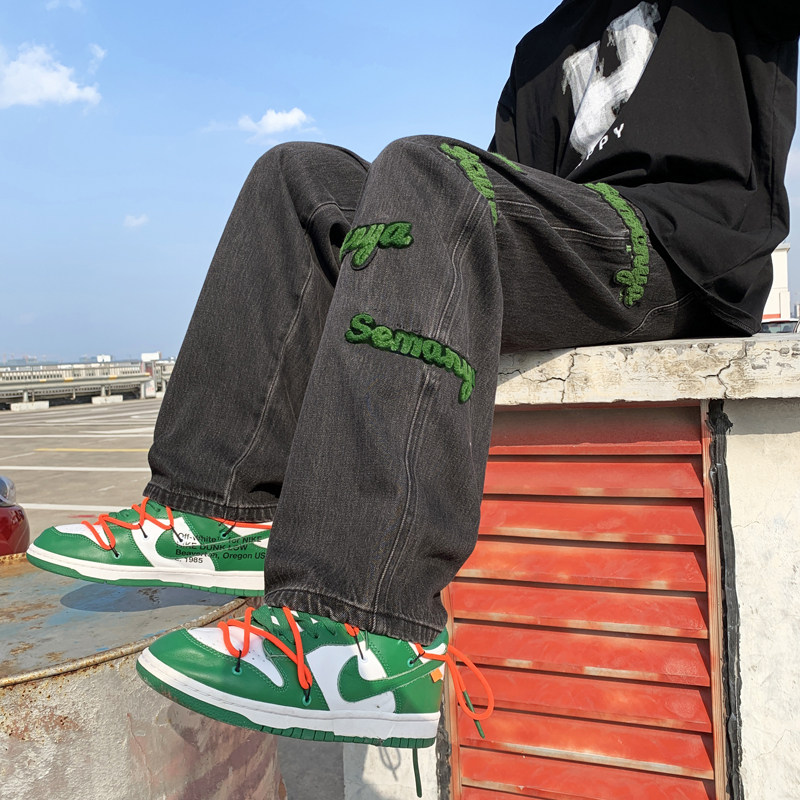 Flocking Embroidered Jeans Male Tide Cards Loose Straight Barrel Spring Autumn 2022 New American Hip Hop High Street Broadleg Long Pants
