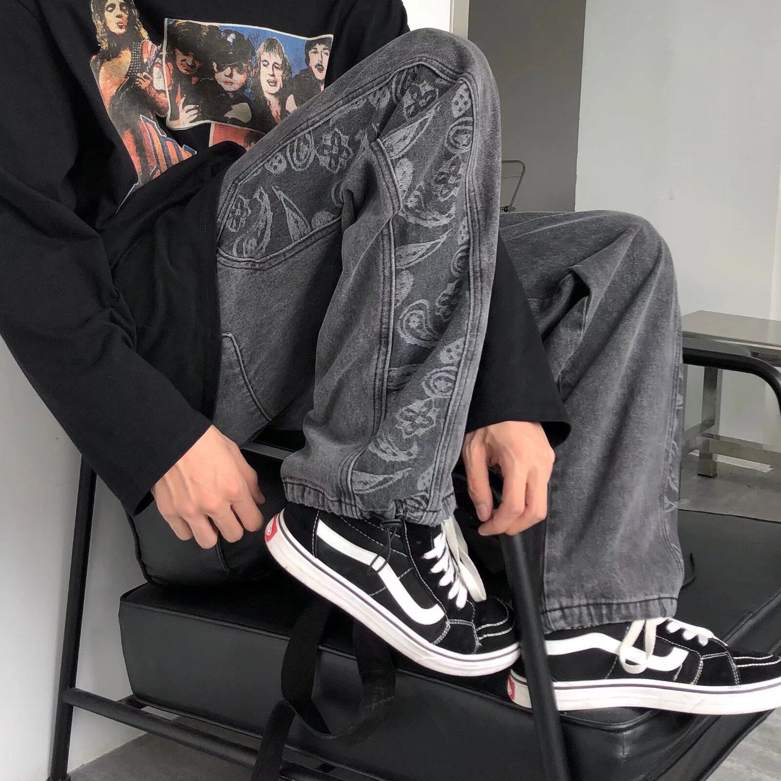 ins port wind personality retro waist fruit flower jeans men's spring fall tightness waist loose bunches and straight drum pants boomers