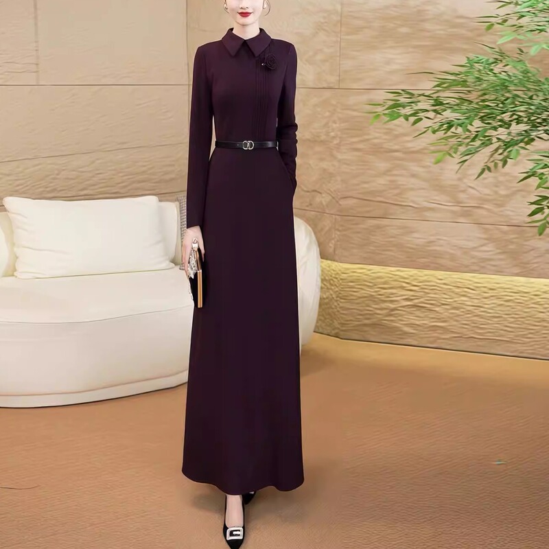 Elegant and Luxurious Long-Sleeved Dress, New Autumn and Winter High-End Purple-Red Dress, Slimming Dress for Women