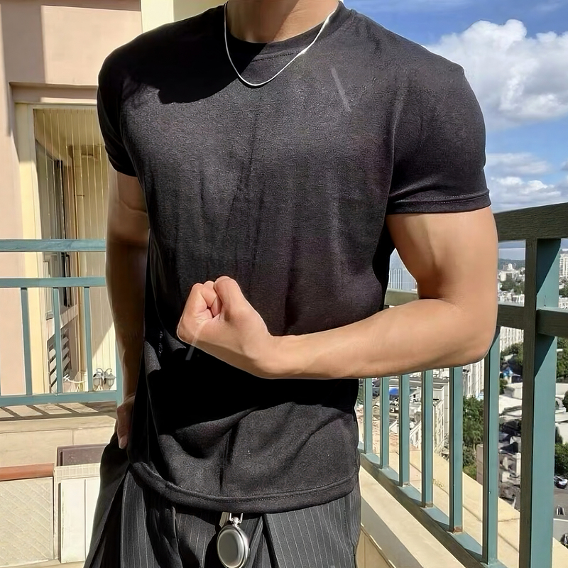 Light Weight Lyocell Tencel Cooling Cuffed Sleeves Slimming Fitness Short-Sleeve T-Shirt for Men, Refreshing and Breathable Light Weight Lyocell Tencel Cooling Cuffed Sleeves Slimming Fitness Short-Sleeve T-Shirt for Men, Refreshing and Breathable