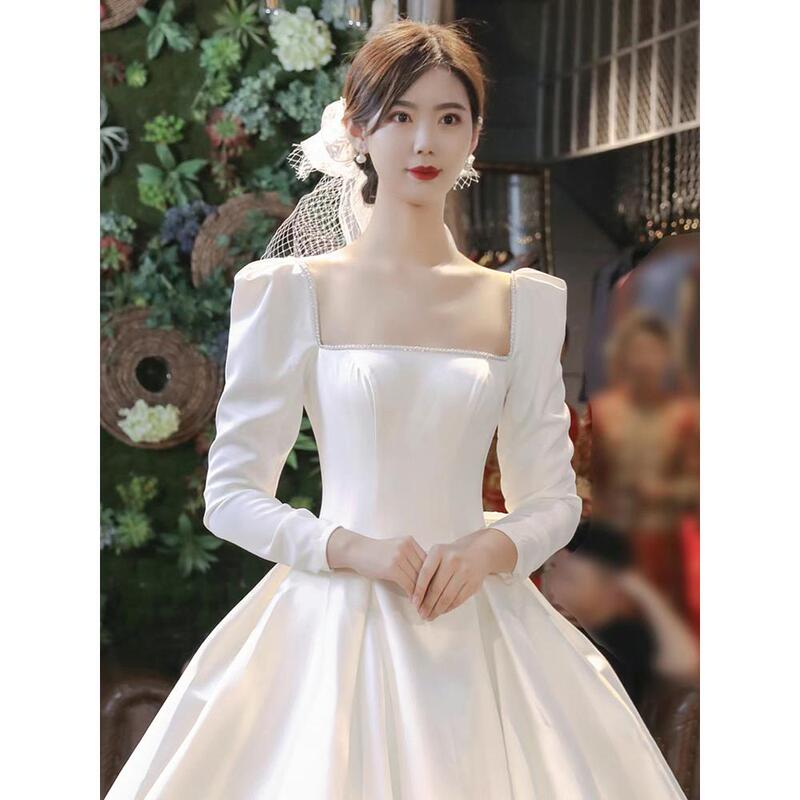 French-Style Satin Wedding Dress, Winter Long-Sleeve Elegant Simple Bridal Gown, High-End Luxurious Reception Dress for Women
