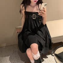 Sexy Pure Suspend Dress 2021 French Vintage Loose Pleated Dress Female Small Strap Black Skirt