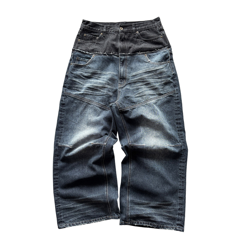 Fauncrew Heavy-Duty Washed Pleated Double-Waist Patchwork Deconstructed Raw Hem Straight Wide-Leg Jeans