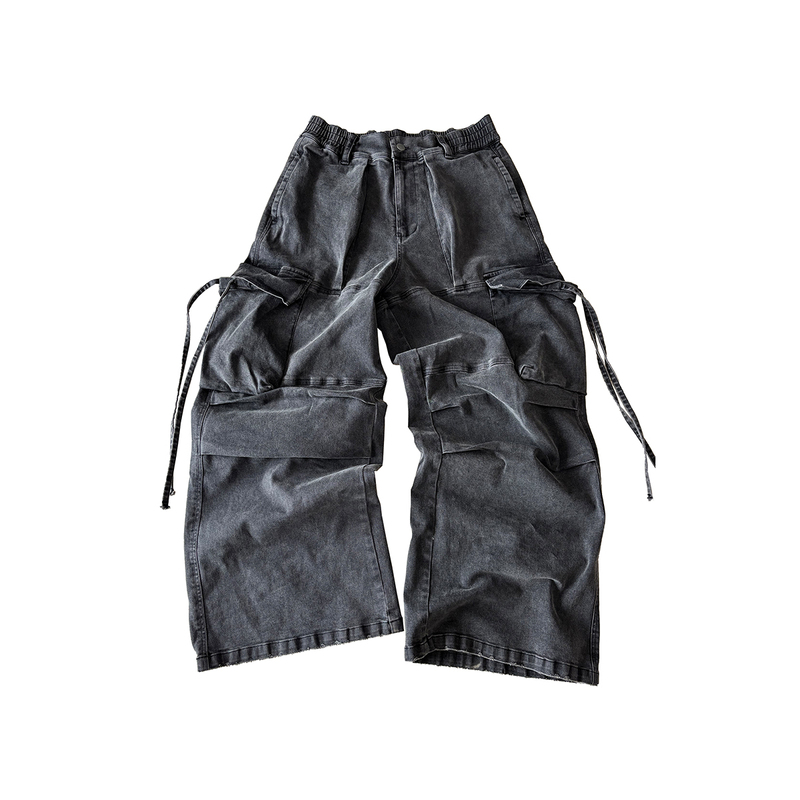 Fauncrew Heavy-Duty Washed Vintage-Style Three-Dimensional Cut Multi-Pocket Loose Baggy Cargo Pants with Drawstring