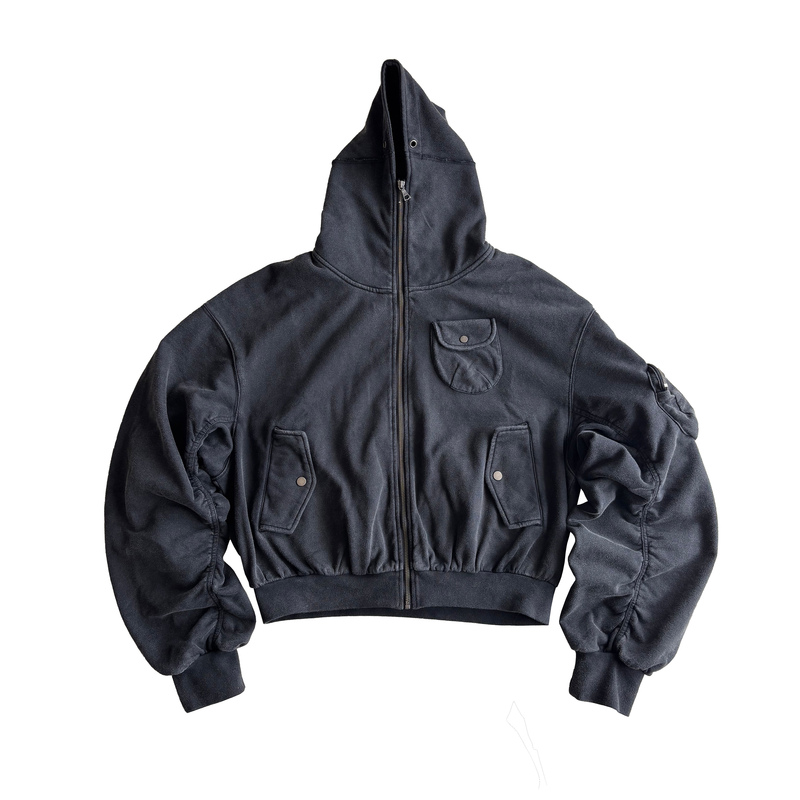 Fauncrew Heavy-Duty Washed Multi-Pocket Short Wide Boxy Silhouette Pleated Sleeve Zip-Up Hoodie