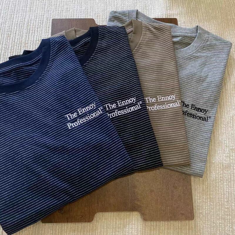 The Ennoy Professional Japanese-Style Fine Striped T-Shirt, Simple and Unique, Pure Cotton, Round Neck, Short Sleeves, Unisex