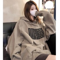 Retro national tide oversize coat 2021 autumn and winter Korean version of loose hooded plus velvet long sweater womens hips