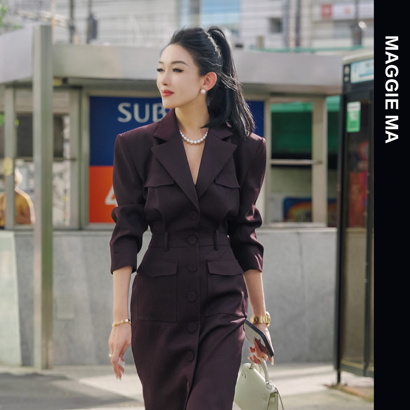 Maggie Ma Ma Jing Red-Brown Fashionable High-End Commuter Waist-Cinching Slim Long Suit Dress 405D Maggie Ma Ma Jing Red-Brown Fashionable High-End Commuter Waist-Cinching Slim Long Suit Dress 405D