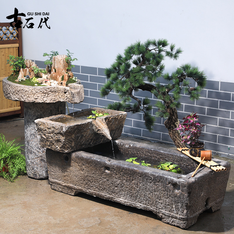 Stone Trough Green Stone Fish Tank Patio Sink Fish Pond Bull Trough Horse Trough Flowing Water Stone Grinding Pendulum with Villa Hotel Decorated Stones