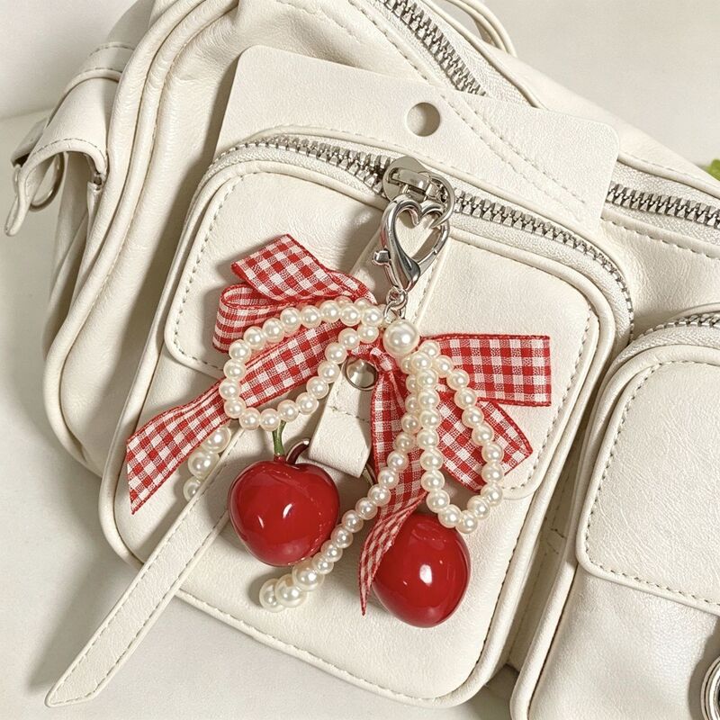 Japanese-Style Sweet Cherry Pearl String Pendant Cute Red Plaid Bow Bag Charm Ins-Style Keychain Accessory Japanese-Style Sweet Cherry Pearl String Pendant Cute Red Plaid Bow Bag Charm Ins-Style Keychain Accessory