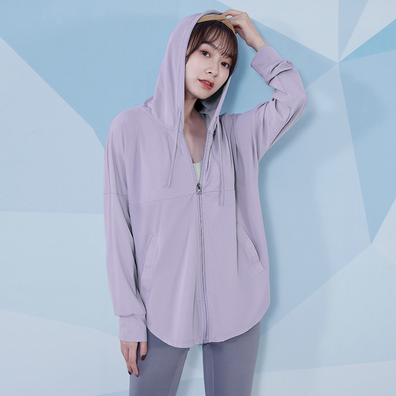 Fitness wear ladies sports long sleeve hood zipper jacket loose thin running training net red yoga suit top