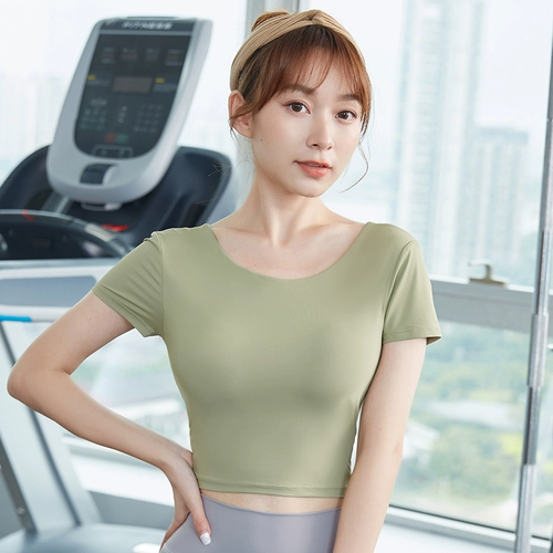 Спортивная одежда для йоги, летний дышащий топ с чашечками, футболка для спортзала, короткий рукав, красивая спина, в обтяжку, для бега