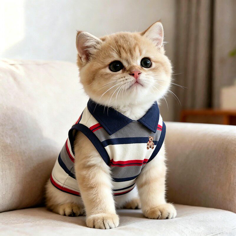 Kitten Clothes for Spring and Summer, Thin Polo Collar Striped Vest, Pet Clothes for Golden Tabby and Ragdoll Kittens, Anti-Shedding Kitten Clothes for Spring and Summer, Thin Polo Collar Striped Vest, Pet Clothes for Golden Tabby and Ragdoll Kittens, Anti-Shedding