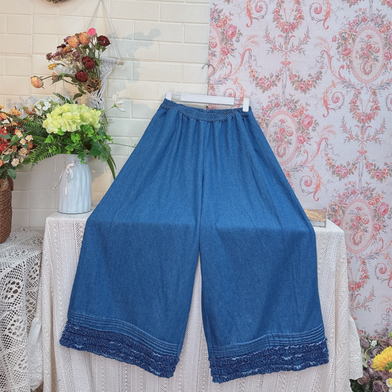 《Mi Li》63579 Elastic Waistband, Hand-Pleated, Loose-Fitting, Versatile Jeans