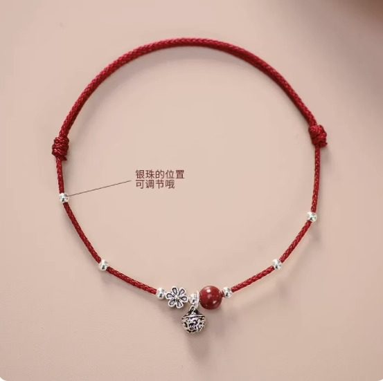 Sterling silver retro bell anklet for women cinnabar sterling silver red rope braided bracelet couple jewelry red rope gift chain ankle chain