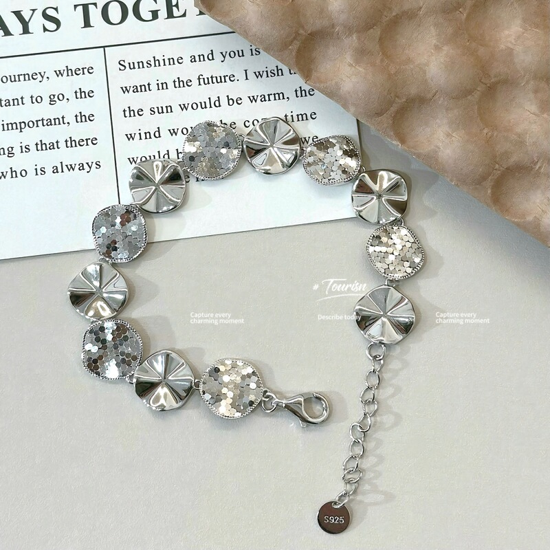 S925 Sterling Silver Crushed Ice Lotus Leaf Original Piece Spliced Bracelet, Light Luxury Geometric Vintage Style Sparkling Ice Scale Pieces S925 Sterling Silver Crushed Ice Lotus Leaf Original Piece Spliced Bracelet, Light Luxury Geometric Vintage Style Sparkling Ice Scale Pieces