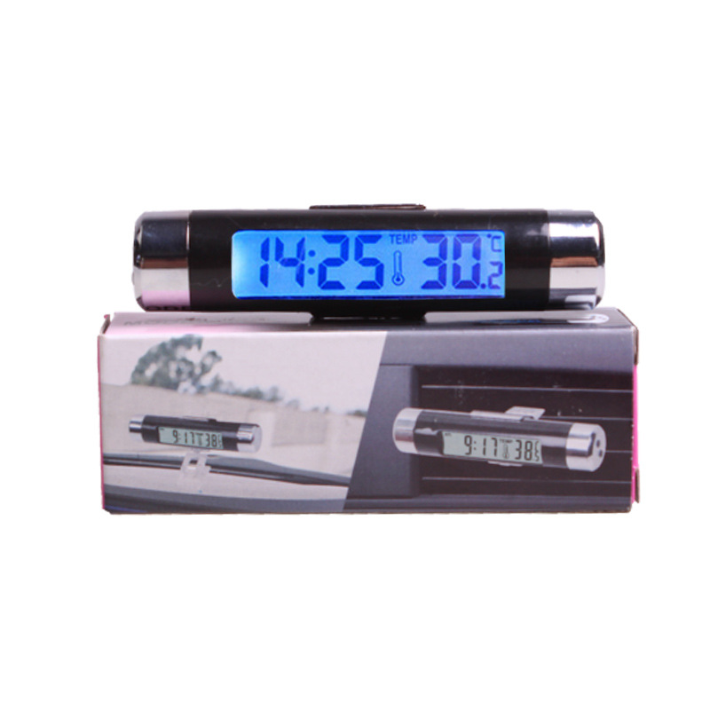 Automotive supplies K01 air outlet thermometer electronic clock two-in-one LED digital thermometer blue backlight