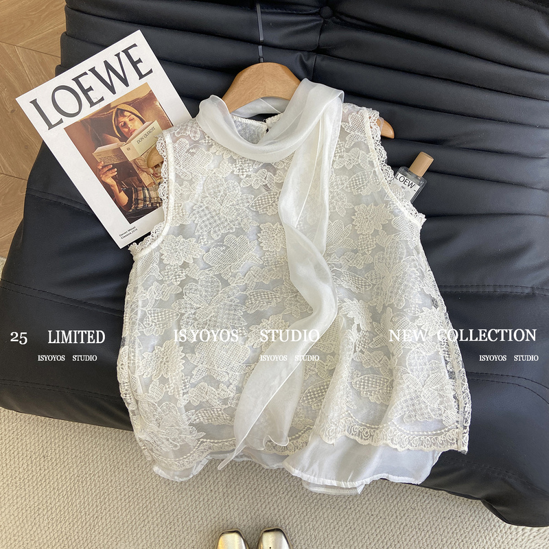 Gentle Style Lace Embroidery Sleeveless Shirt for Women, Summer 2026 New Vintage Faux Two-Piece Ribbon Vest Doll Shirt