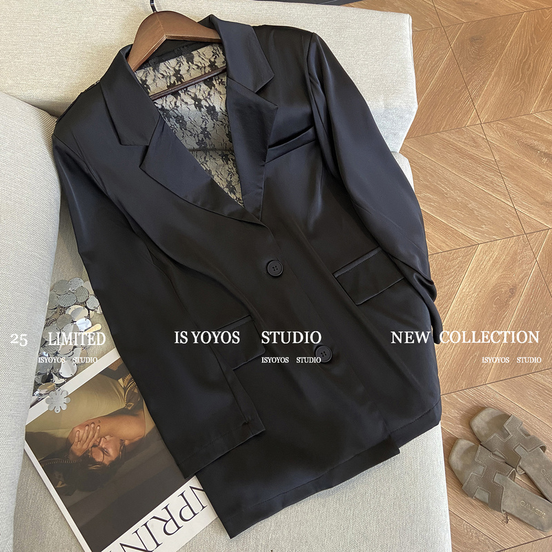 Black Lace Patchwork Backless Blazer for Women 2026 Spring/Summer New Korean Style Loose Versatile Suit Sun Protection Jacket