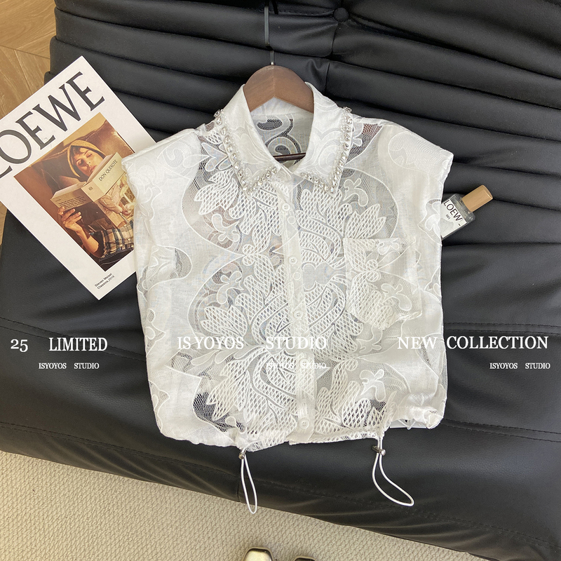 White Heavy-Duty Rhinestone-Embellished Sleeveless Shirt for Women, Summer 2026 New Korean Style Petite Hollow-Out Lace Top