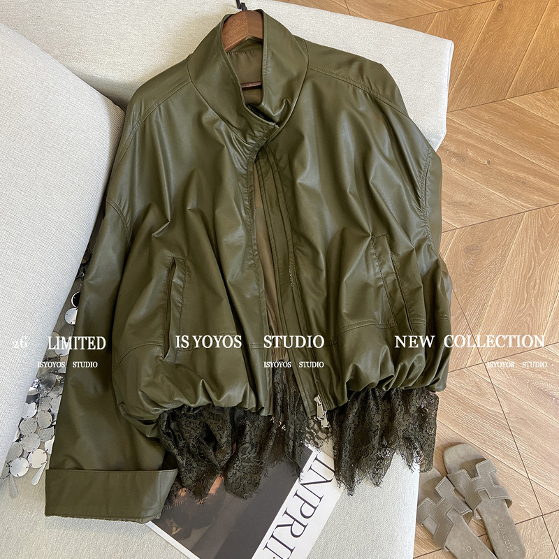 American-Style Stand-Up Collar Lace Patchwork Pu Leather Jacket for Women, Autumn 2026 New Vintage Versatile Loose Green Jacket American-Style Stand-Up Collar Lace Patchwork Pu Leather Jacket for Women, Autumn 2026 New Vintage Versatile Loose Green Jacket