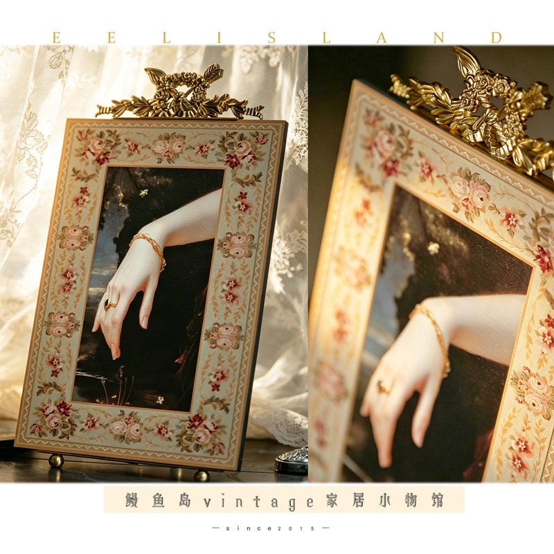 Original French-Style Vintage Double-Sided Wooden Board with Brass Stand, Heavy-Duty Decorative Painting for Entryway, Niche Soft Decoration Tabletop Painting