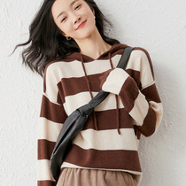 A D Hepburn autumn and winter soft glutinous hat cashmere goat hair sweatshirt loose type striped long sleeve hooded sweater