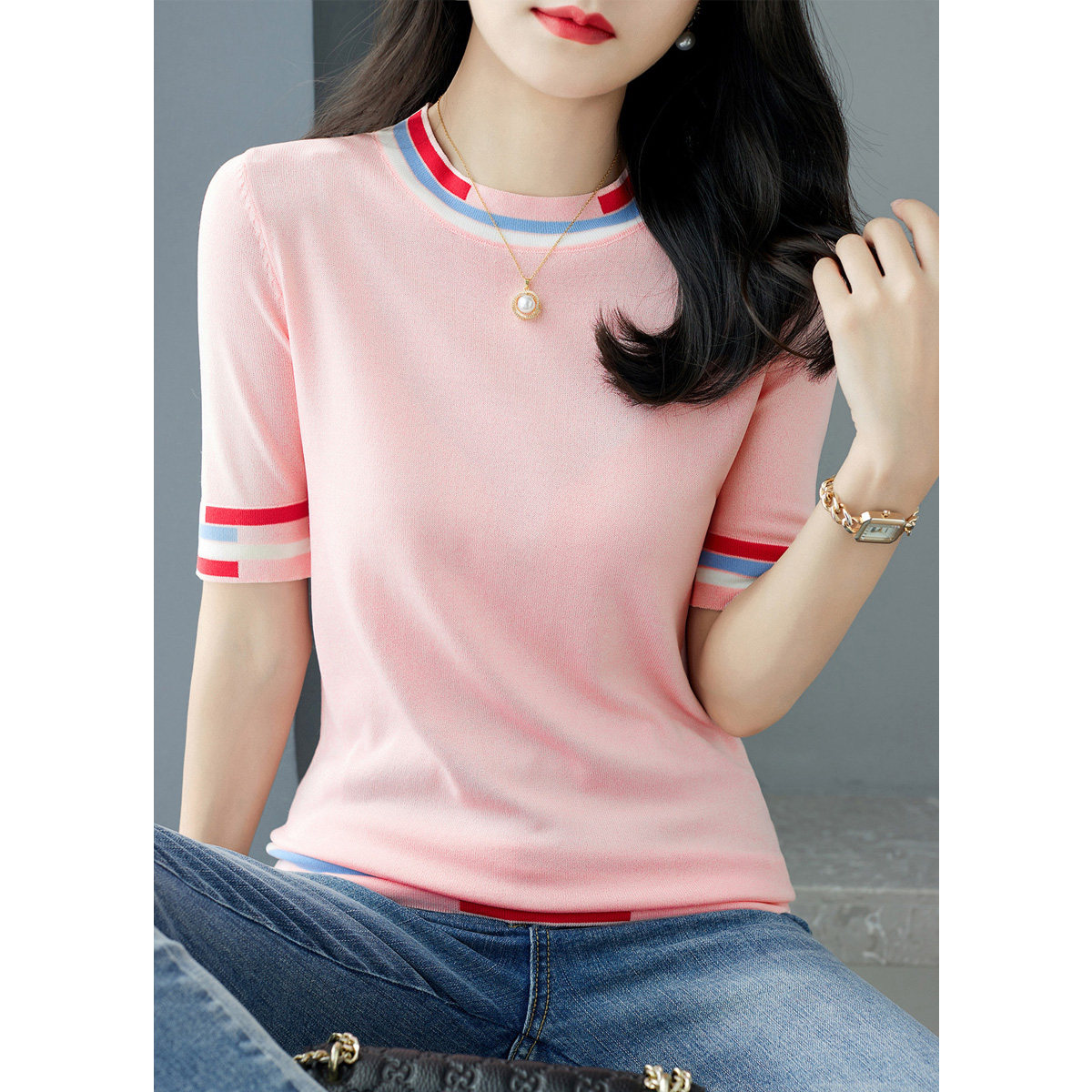 Easy-sex romance -- A D Hepburn -- a collared ice silk knit cardiovert 2022 Summer new short sleeve T-shirt woman