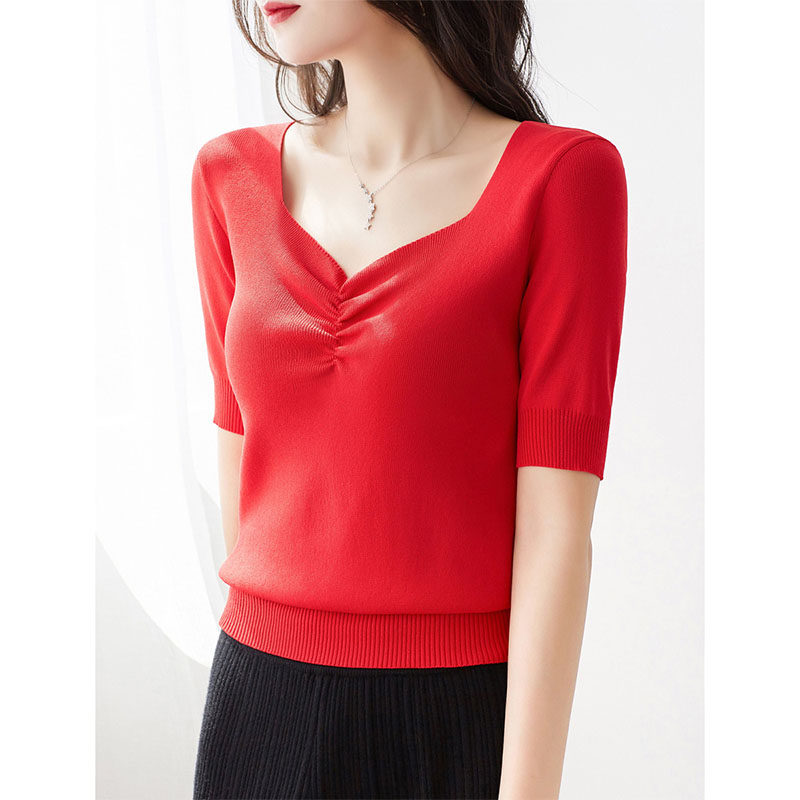 A D Hepburn -- I this year the pop new -- ice-wire weasel-shirt V collar short sleeve t-shirt female pleated blouses