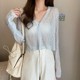 White ice silk sweater for women, sun protection cardigan jacket, summer thin long-sleeved short v-neck top, air-conditioning shirt for outer wear