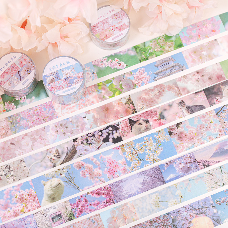 Paper Dyeing and Paper Adhesive Tape Cat Cherry Blossom Series Little Freshens wind hands account material DIY Decorative Sticker