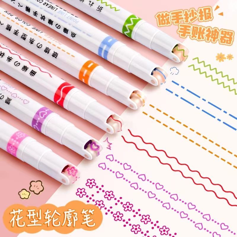 Flower Profile Curve Pen Fluorescent Pen Mark Pen Wave Pen Student Hand Bill Focus Colored set of scribe pen-Taobao