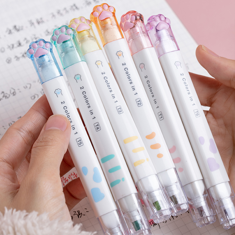 Cat Paw Bicolor Fluorescent Marker Pen Elementary School Students With Colored Marking Pen Water-based Pen Color Series Axe Type Fine Head Large Capacity