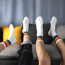 Thickened 3 pairs of ink men rainbow White socks stripes terry towel bottom sports autumn and winter cotton warm tide