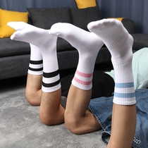5 pairs of mens striped long socks two bars trend high cotton white socks sports autumn and winter academy style