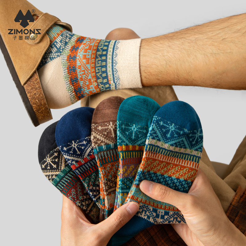 Zimo Socks for Men, Ethnic Style, Mid-Calf, Summer Thin Pure Cotton Yarn, Fair Isle American Retro Melard Cotton Socks
