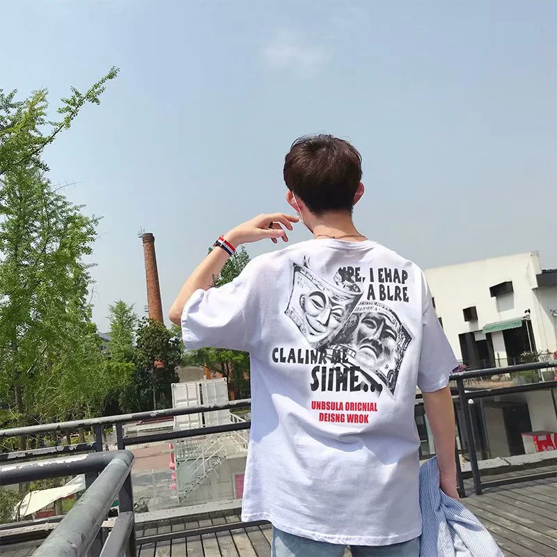 Mùa hè 2018 mới in siêu lửa tay áo ngắn nam phiên bản Hàn Quốc của xu hướng áo thun rộng hông hip hop yêu thủy triều