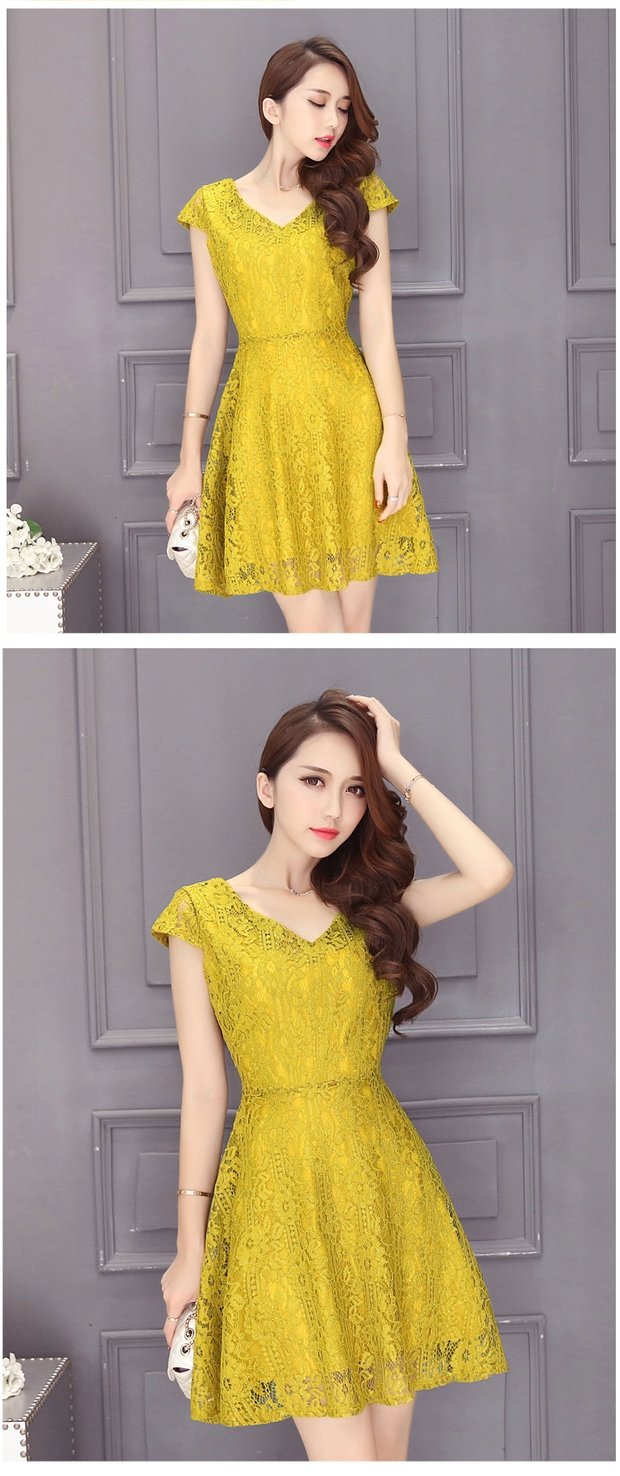 Mùa hè Hàn Quốc khí chất V-cổ cao eo ren váy Slim Một từ váy của phụ nữ béo không khí dài váy xòe ngắn liền thân