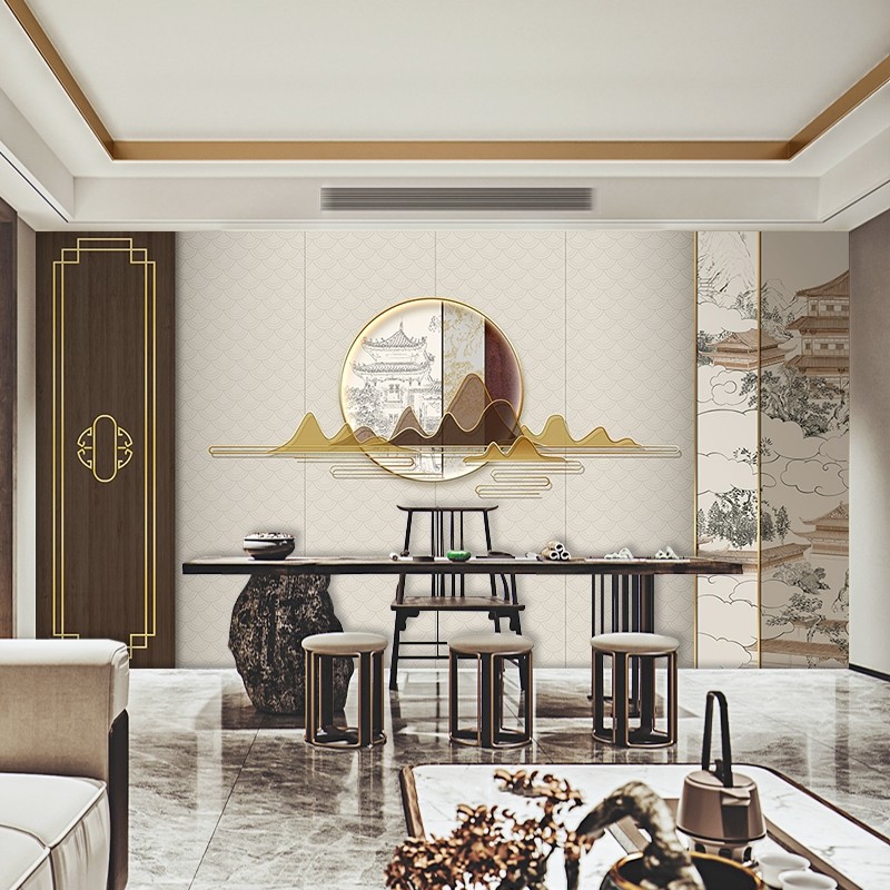 New Chinese Living Room TV Wall Integrated Wall Panel Brief Bedroom Background Wall Buttonboard Light Lavish Landscape Film & TV Wall Guard Board