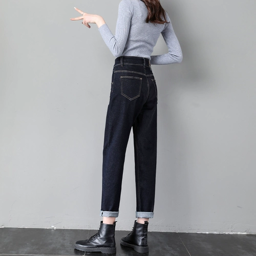 Темные штаны, весенние приталенные джинсы, 2021 года, высокая талия, оверсайз