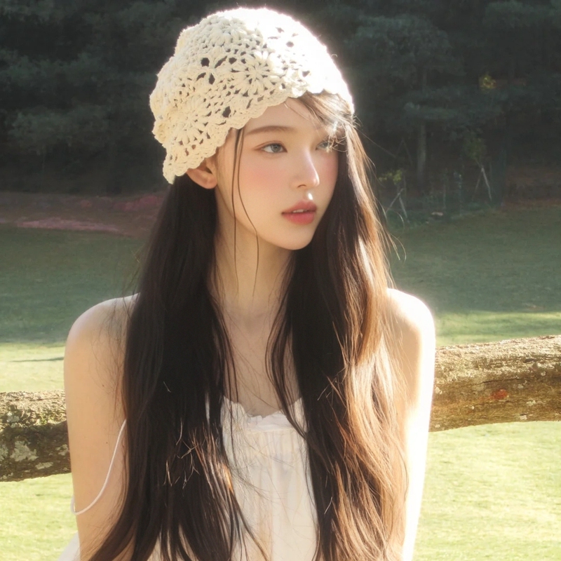 2026 New Style Hollow-Out Handmade Crochet Knit Hat for Women, Thin Spring and Autumn Headwrap Hat, Fresh and Stylish Photo Shoot Headscarf Hat