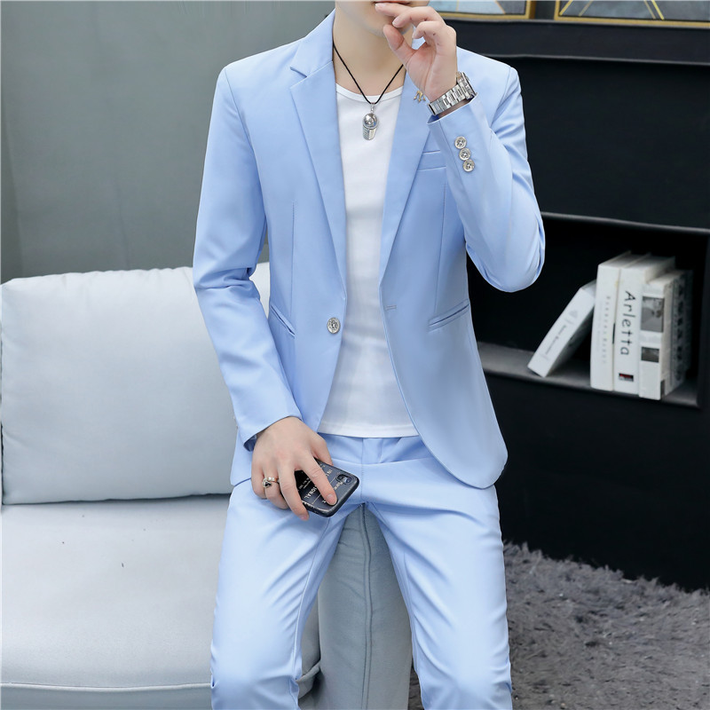 Autumn Men's Long-Sleeved Small Suit Set, Youth Slim-Fit Korean Style Pure Blue Professional Suit Set, Handsome Jacket