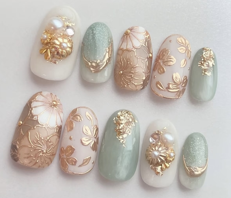 Purely Handmade Jade Wearable Nails, Hand-Painted with Elegant High-End Watercolor Floral Design, Brightening Complexion, Chinese Style Wearable Nails