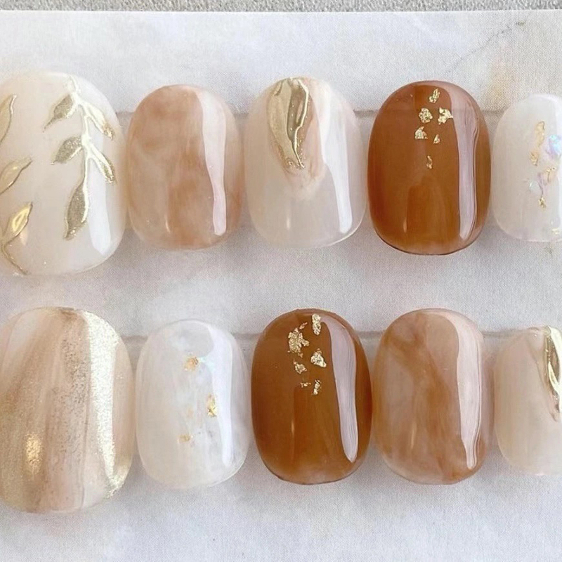 Handmade Manicure, Press-On Nails, Japanese Style, ins Light Luxury Niche Short Style, Marble Pattern, Gradient Amber Pumpkin Magic Mirror Powder