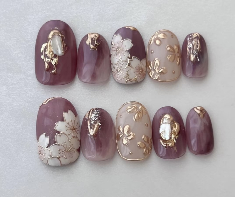 Handmade Manicure, Wearable Nails, Japanese Style, Light Luxury, Niche, Short Style, Jade Purple, Short Round, Magic Mirror Powder, Brightening Effect