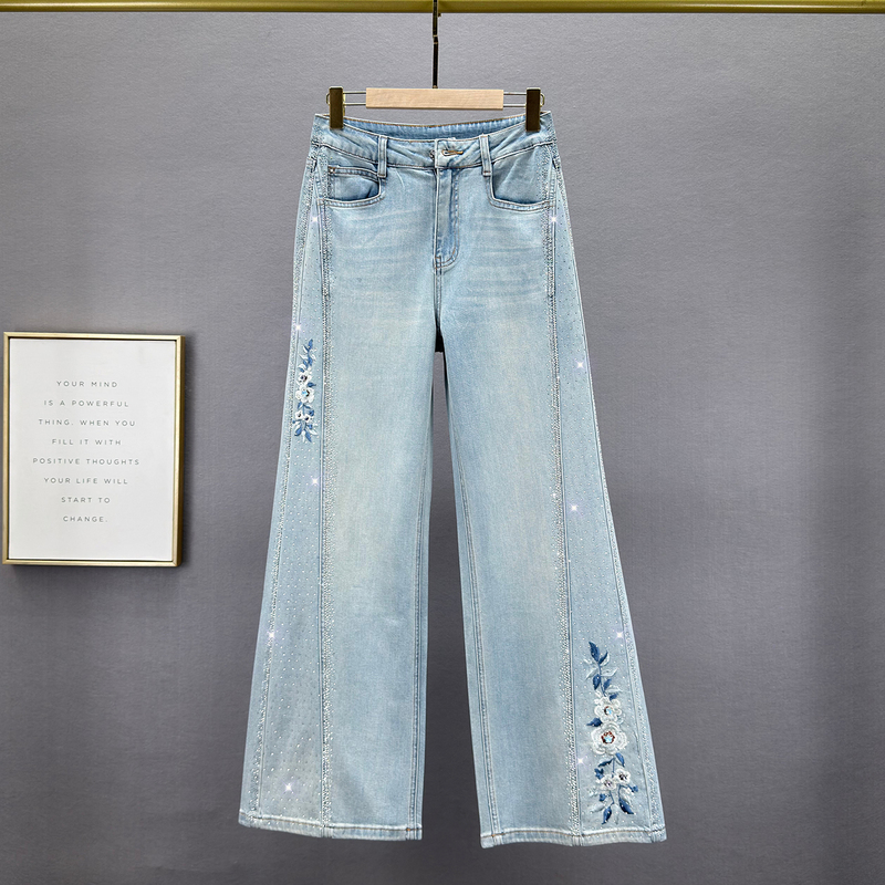Embroidered Rhinestone Denim Wide-Leg Pants for Women, 2026 Spring New Style, High-Waisted, Loose, Slimming, Vintage Distressed, Extended Length Pants Embroidered Rhinestone Denim Wide-Leg Pants for Women, 2026 Spring New Style, High-Waisted, Loose, Slimming, Vintage Distressed, Extended Length Pants