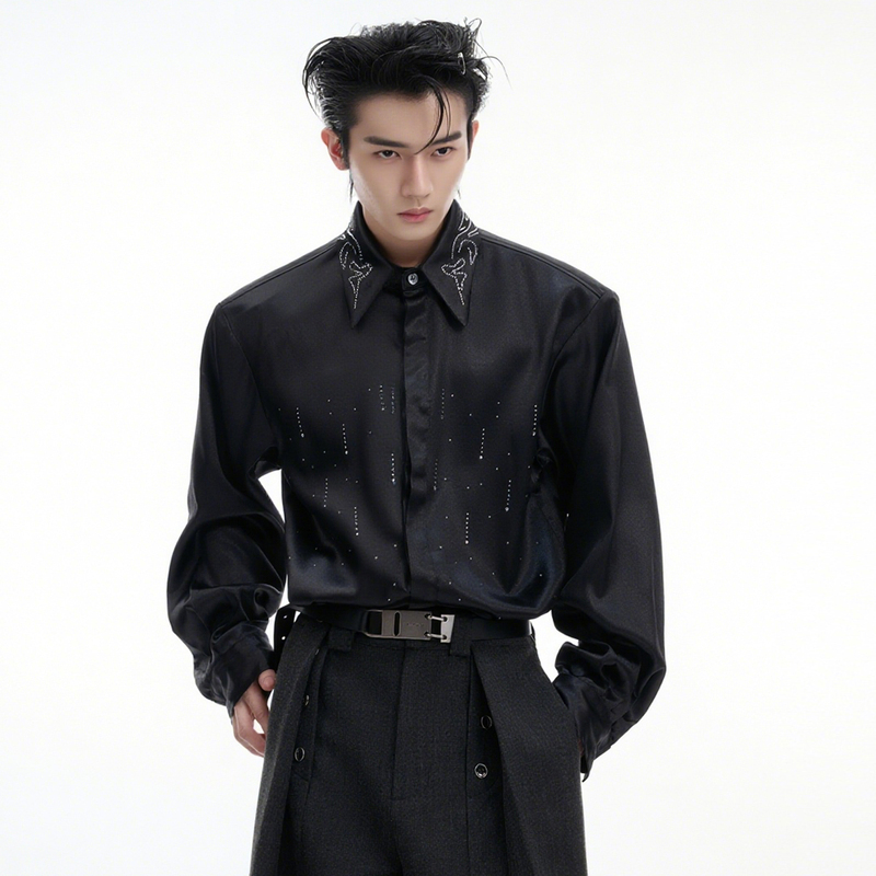 Snow Satin Star Flow High-End Silk Satin with Rhinestones and Fine Sparkles Long-Sleeve Shirt for Men Autumn Loose and Cool Shirt Jacket