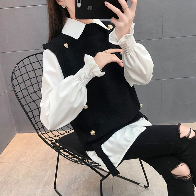 Spring new button Decorative Knit knitwear Horse A trendy woman dress sleeveless pure color 100 lap lady knit Machia