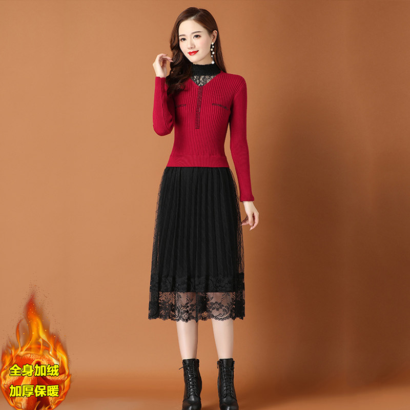 Fake two-piece knitted dress women's autumn 2022 new fashion western style bottoming skirt slim fit thick sweater skirt